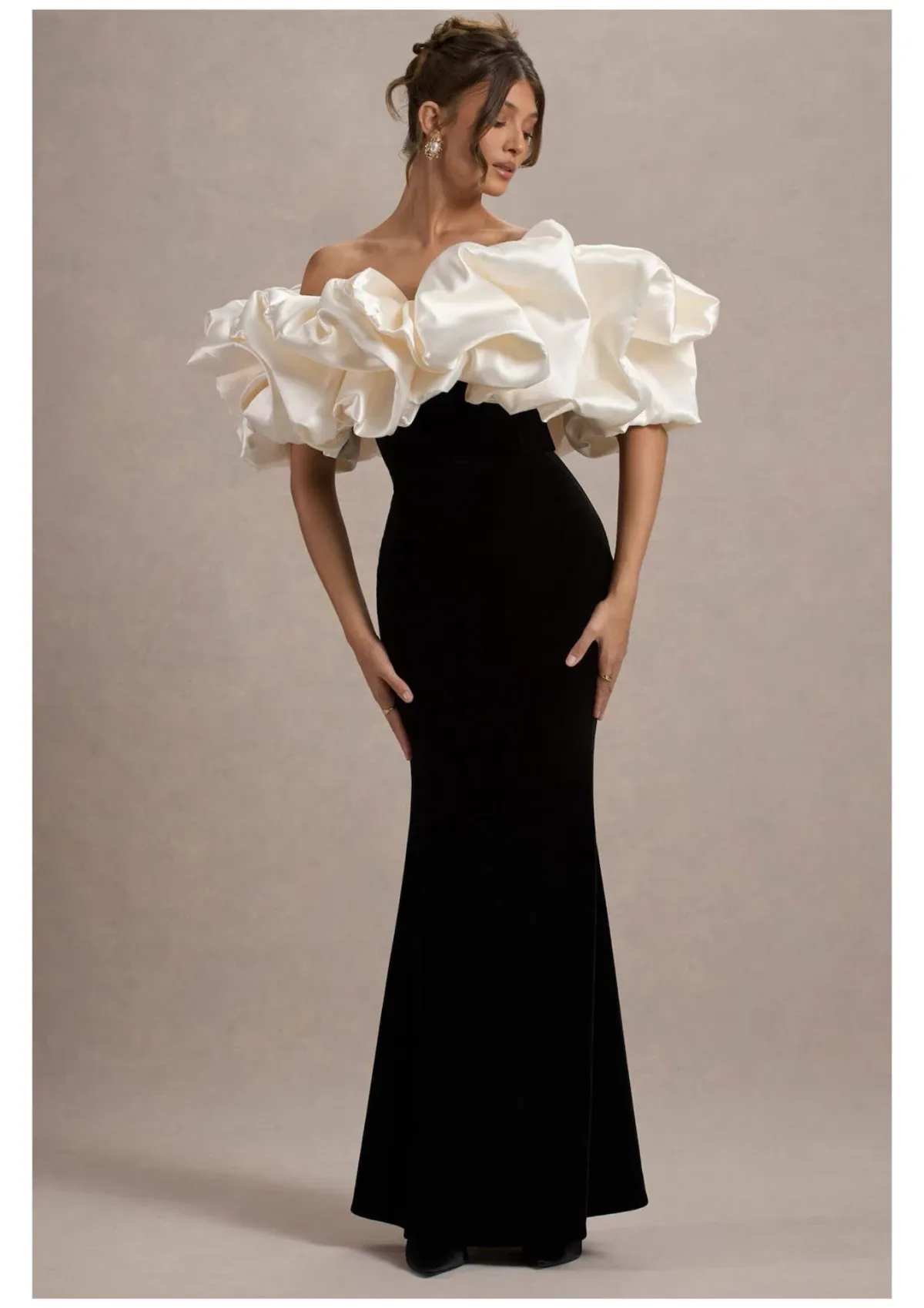 Club L London Cecily Velvet Bardot Maxi Dress With Satin Ruffle Trim Black Size 6 for rent on The Volte - main image