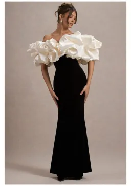 Club L London Cecily Velvet Bardot Maxi Dress With Satin Ruffle Trim Black Size 6 for rent on The Volte - image 1