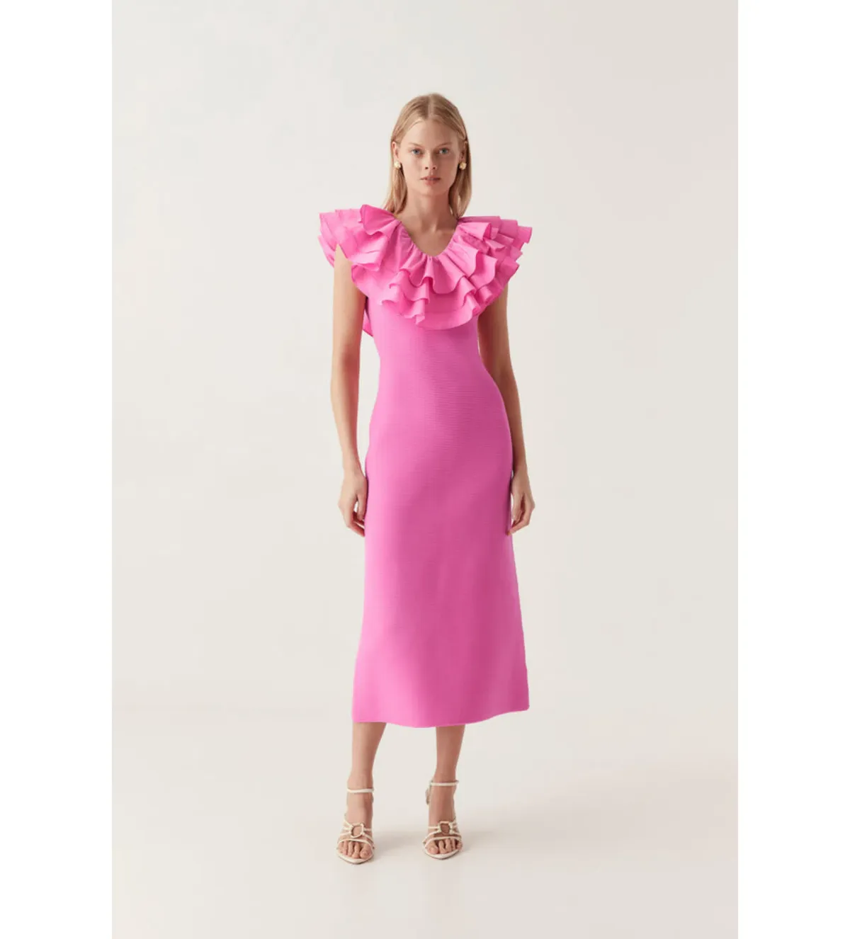 AJE Transcendent Ruffle Midi Dress Cerise Pink Size 8  for rent on The Volte - main image