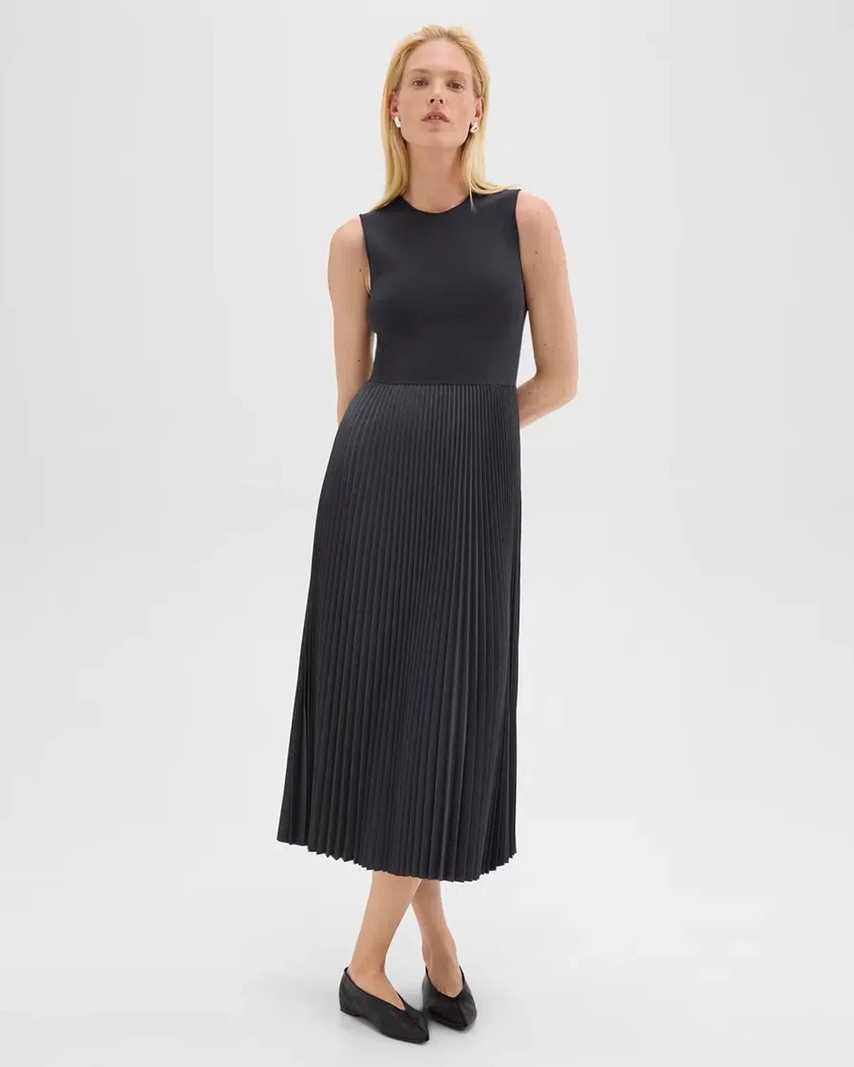 Theory Pleated Combo Dress in Stretch Wool-Blend Navy Size 6 for rent on The Volte - main image