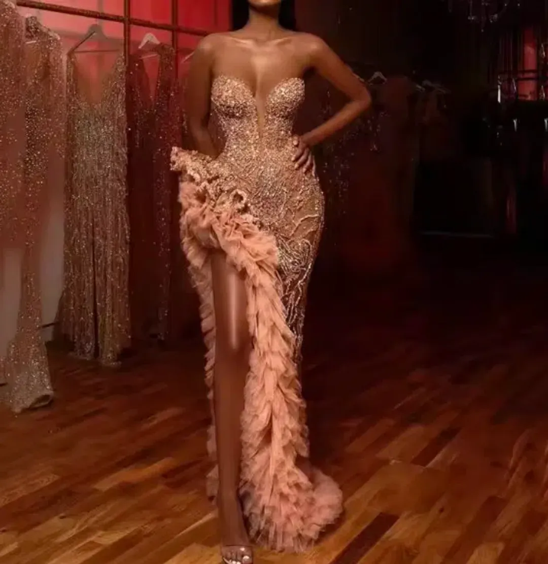 Albina Dyla Gold Tiered Tulle Maxi Split Dress Size 10 for rent on The Volte - main image