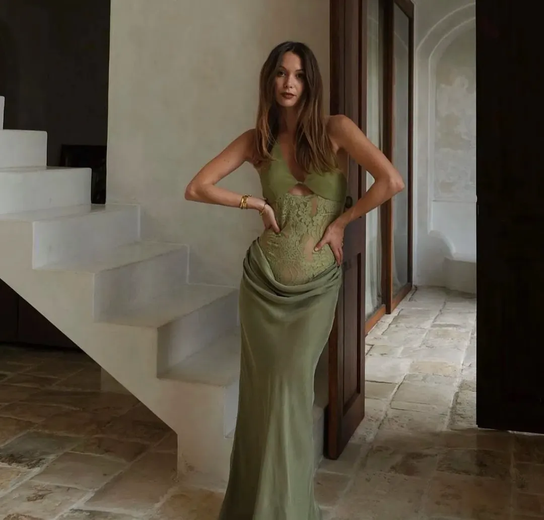 Benni Miko Lace Halter Midi Dress Pear Size AU 8 for rent on The Volte - main image