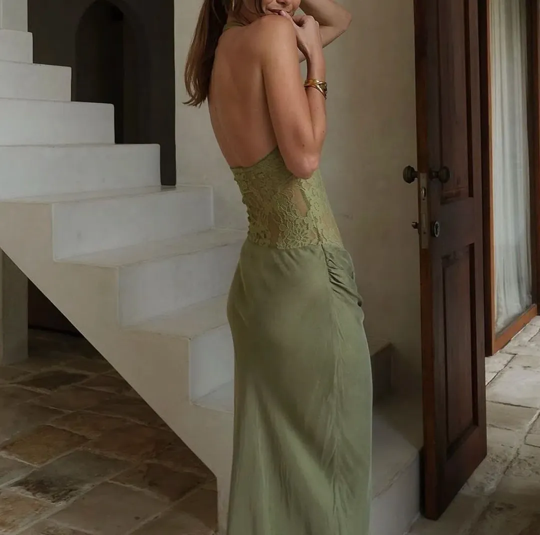 Benni Miko Lace Halter Midi Dress Pear Size AU 8 for rent on The Volte - main image