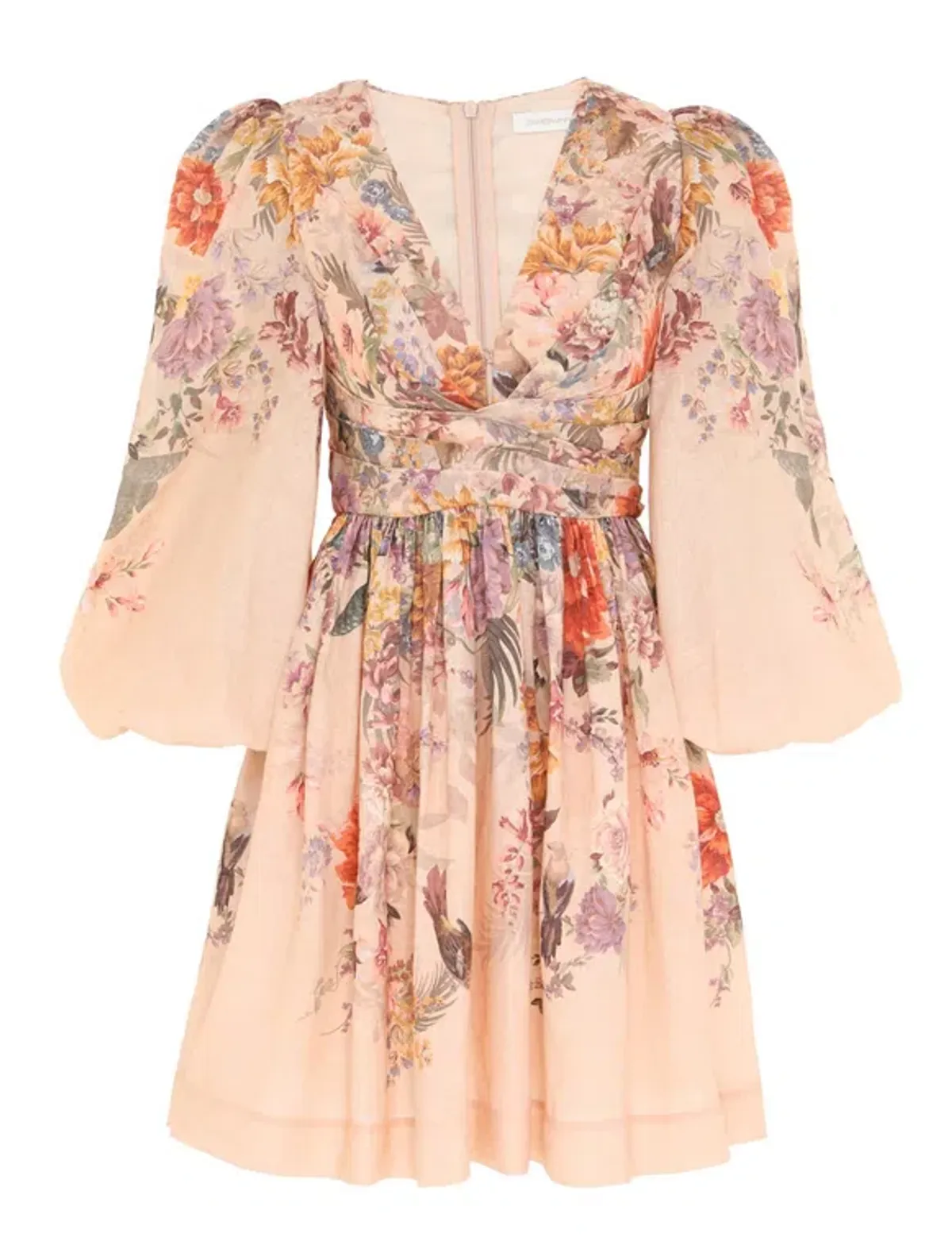 Zimmermann Pavilion Draped Mini Dress in Peach Multi Floral Size 3 / AU 14  for rent on The Volte - main image