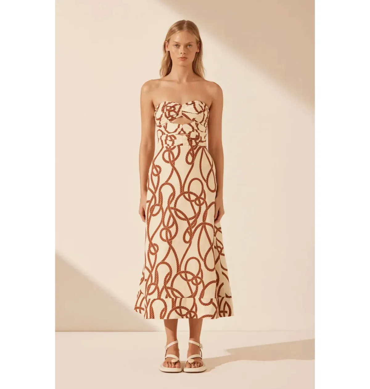 Shona Joy Mouillage Linen Strapless Cut Out A-Line Midi Dress Mouillage Print Size AU 12 for rent on The Volte - main image