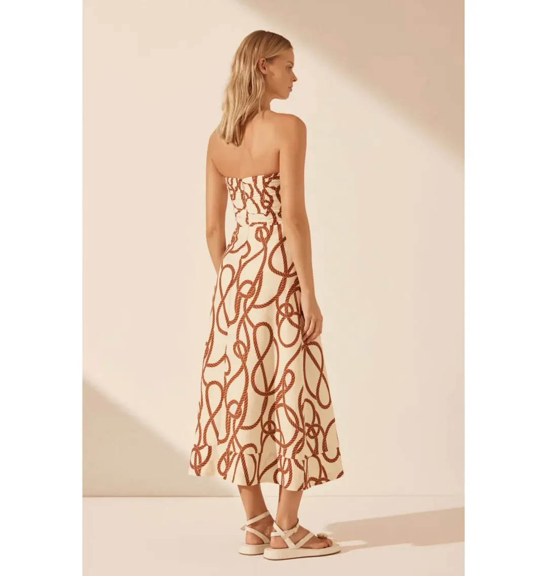 Shona Joy Mouillage Linen Strapless Cut Out A-Line Midi Dress Mouillage Print Size AU 12 for rent on The Volte - main image