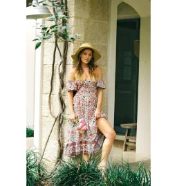 Arnhem Juliette Shirred Midi Dress in Ivory Rose Size AU 8  for rent on The Volte - image 6