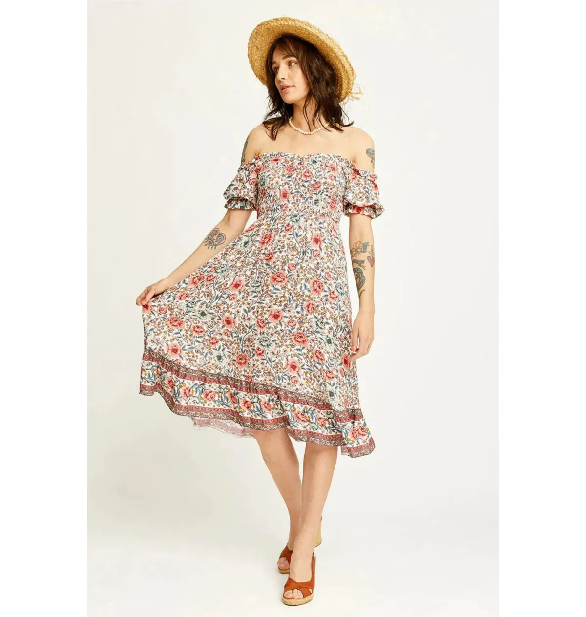 Arnhem Juliette Shirred Midi Dress in Ivory Rose Size AU 8  for rent on The Volte - main image