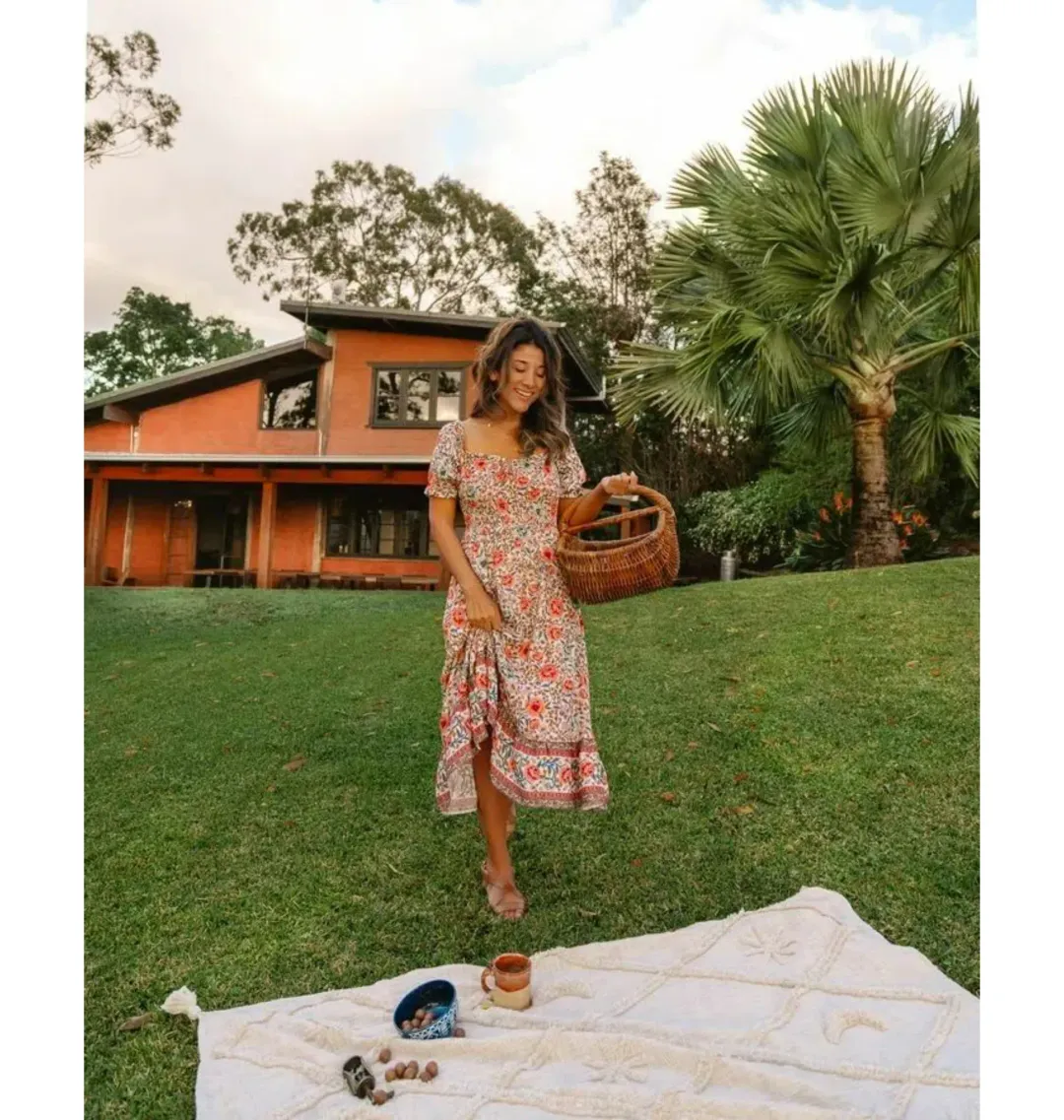 Arnhem Juliette Shirred Midi Dress in Ivory Rose Size AU 8  for rent on The Volte - main image