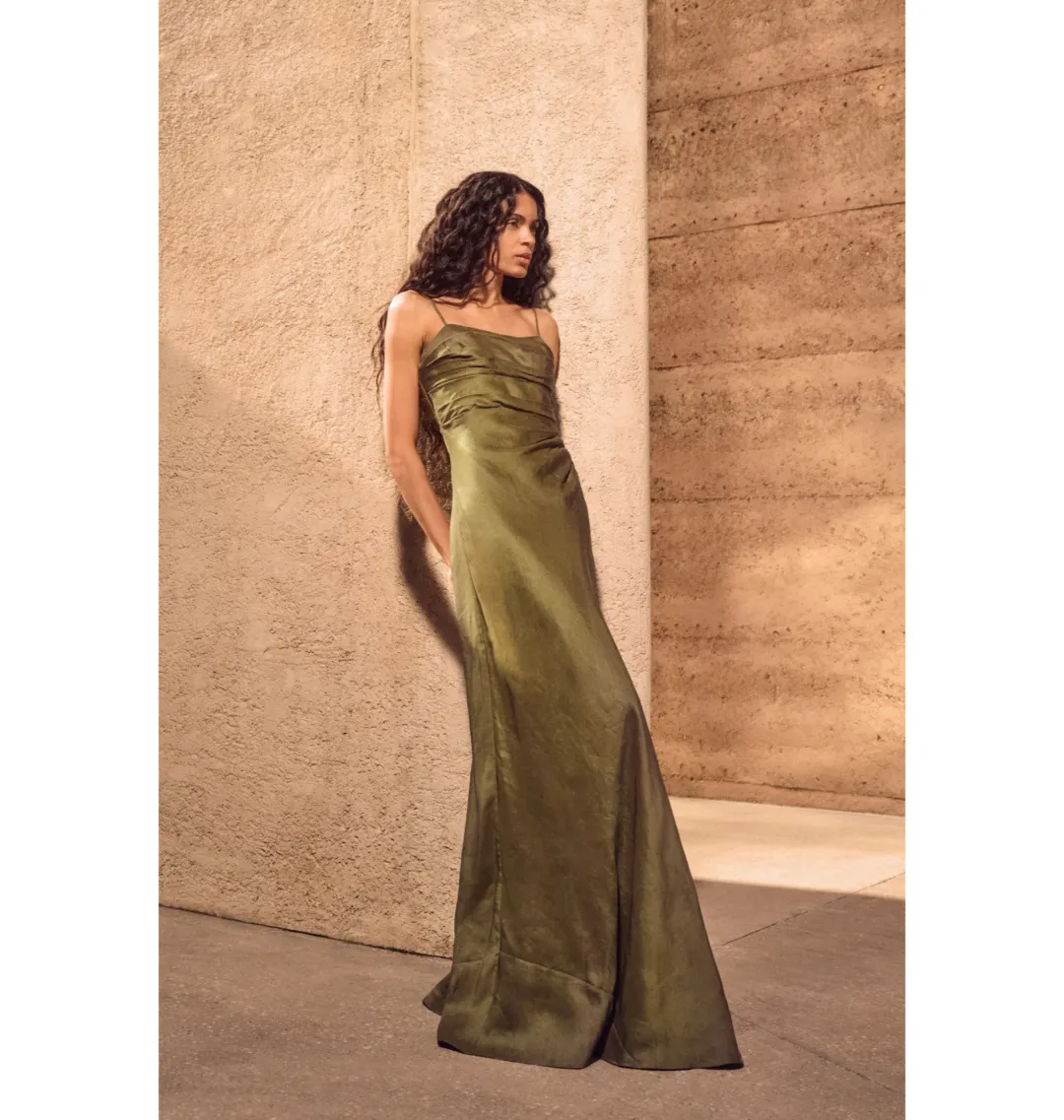 Aje Clarice Draped Maxi Dress Deep Olive Size AU 14 for rent on The Volte - main image