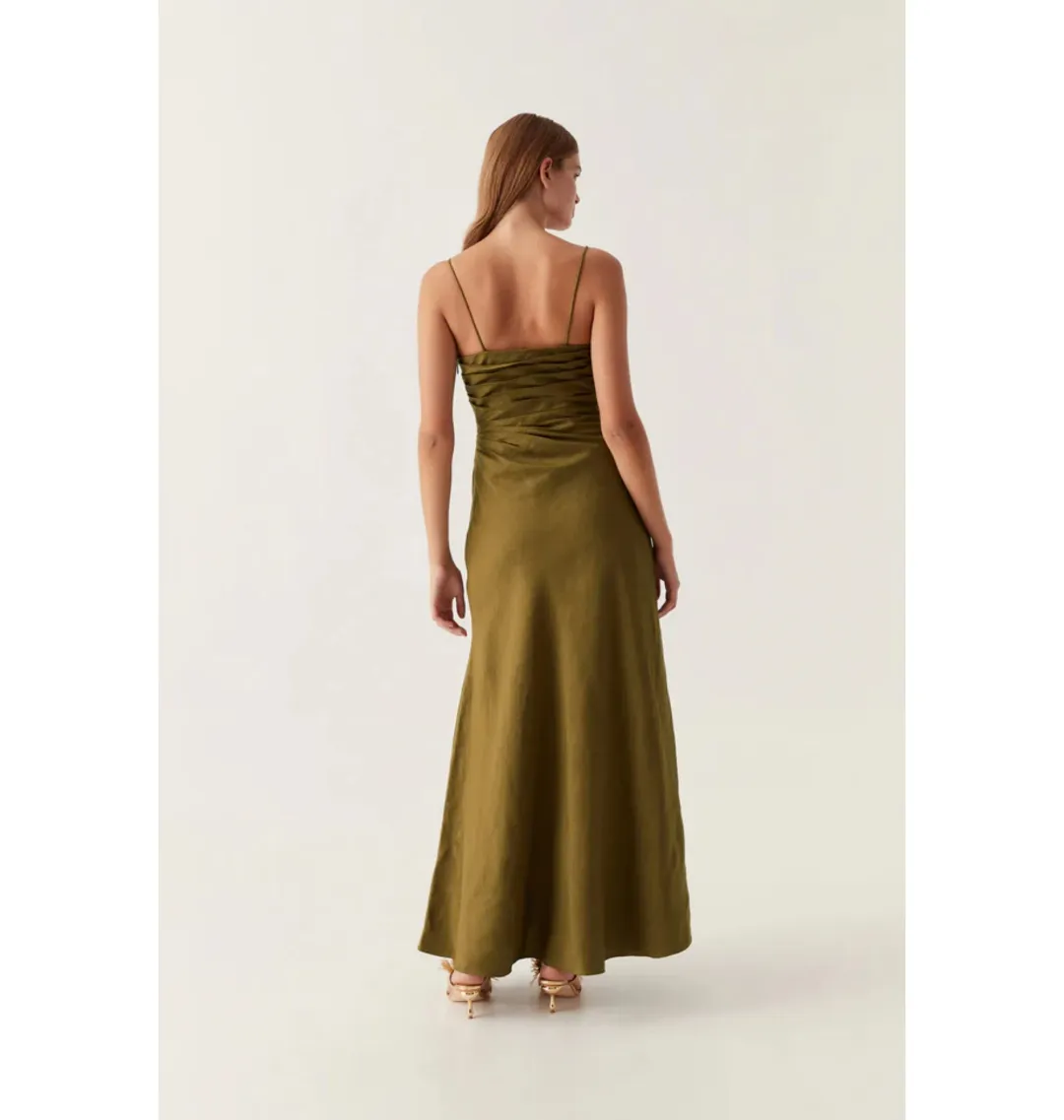 Aje Clarice Draped Maxi Dress Deep Olive Size AU 14 for rent on The Volte - main image