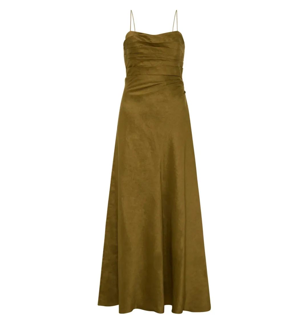 Aje Clarice Draped Maxi Dress Deep Olive Size AU 14 for rent on The Volte - main image