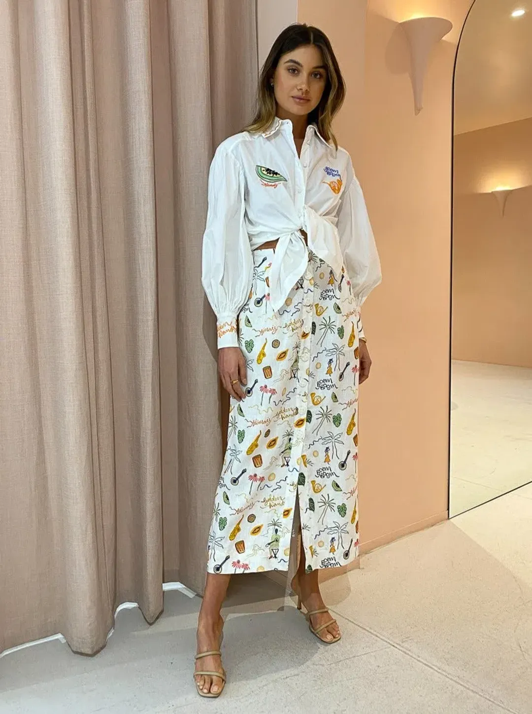 Alemais Golden Hands Shirt and Tube Skirt Set Print Size 14 for rent on The Volte - main image