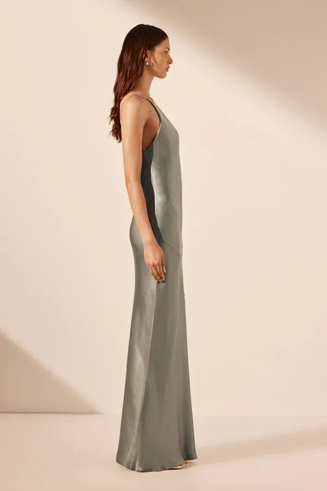 Shona Joy La Lune One Shoulder Cowl Back Maxi Dress Sage Green Size S / AU 8 for rent on The Volte - main image