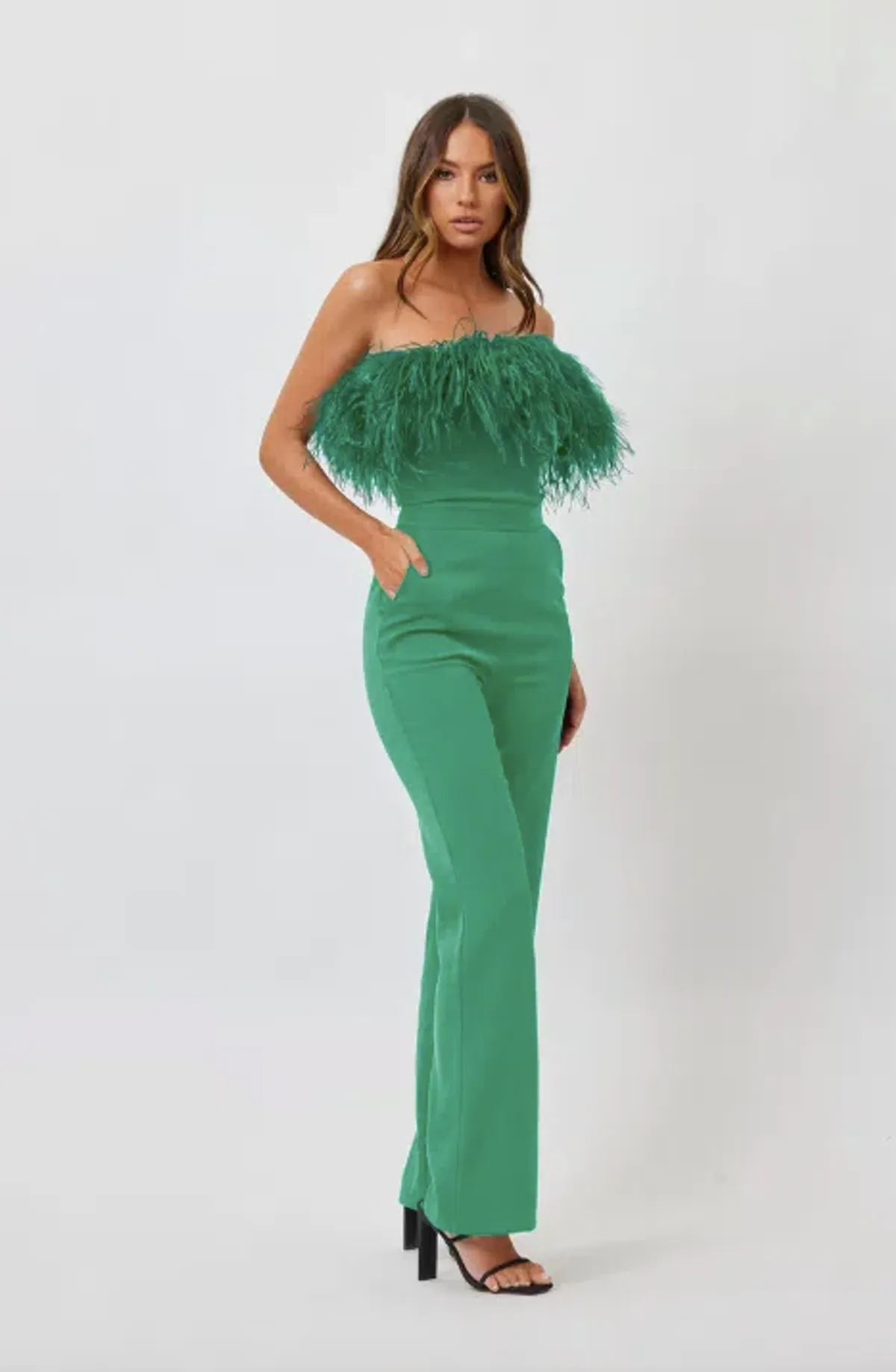 Bianca And Bridgette Feather Jumpsuit Green Size 6 for rent on The Volte - main image