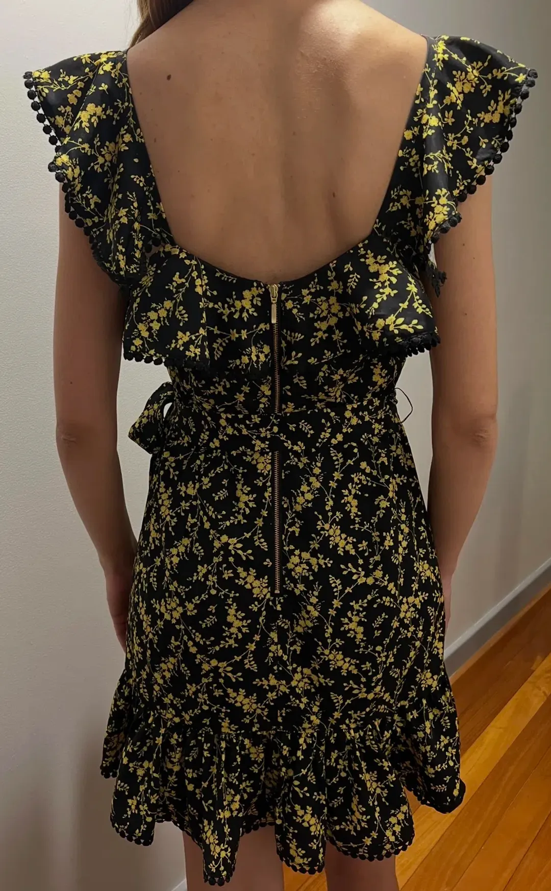 Pilgrim Daphne Knee Length Dress Black Yellow Floral Size 8 for rent on The Volte - main image