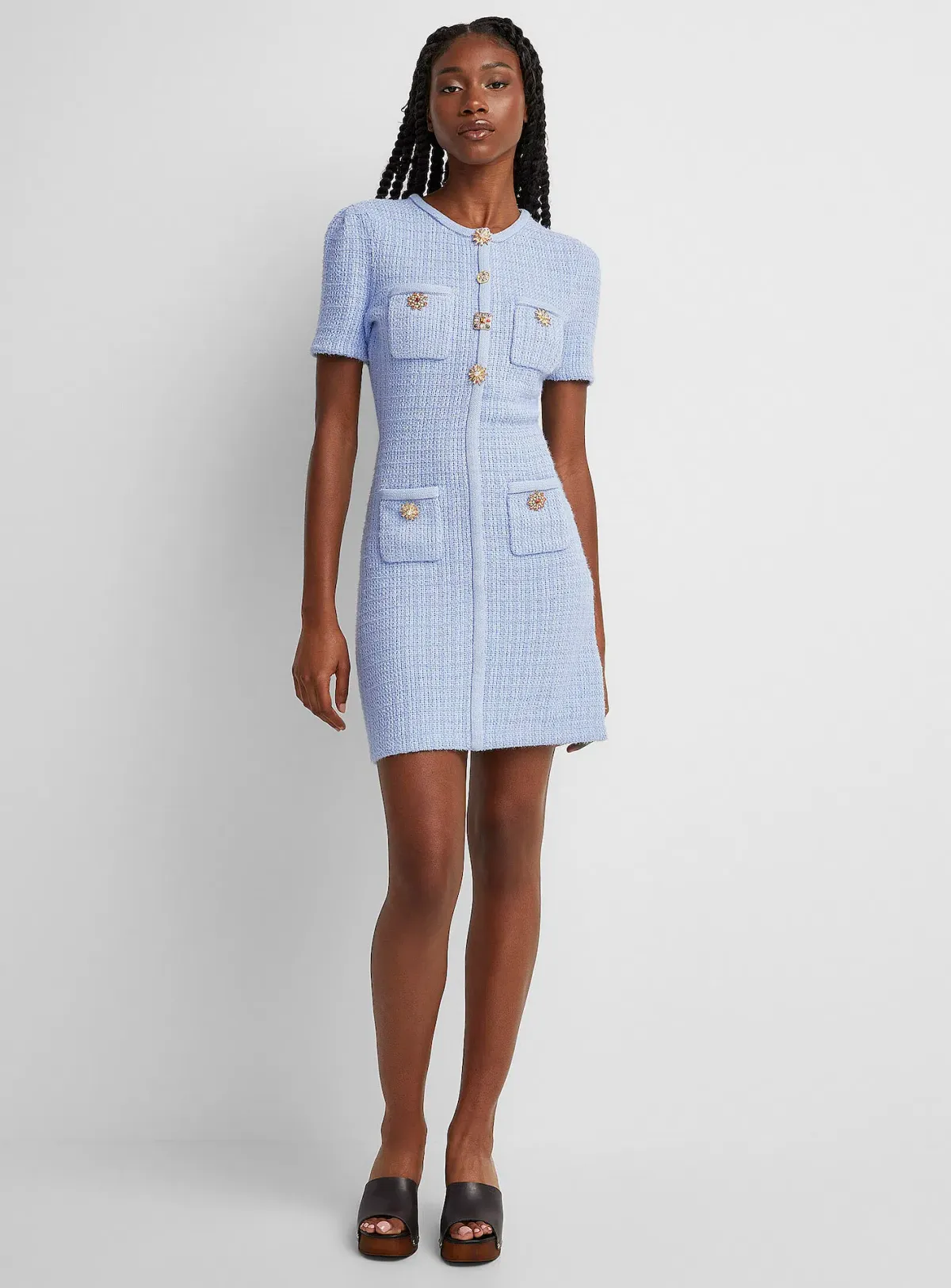 Self Portrait Jewel Button Knit Mini Dress Blue Size 8 for rent on The Volte - main image