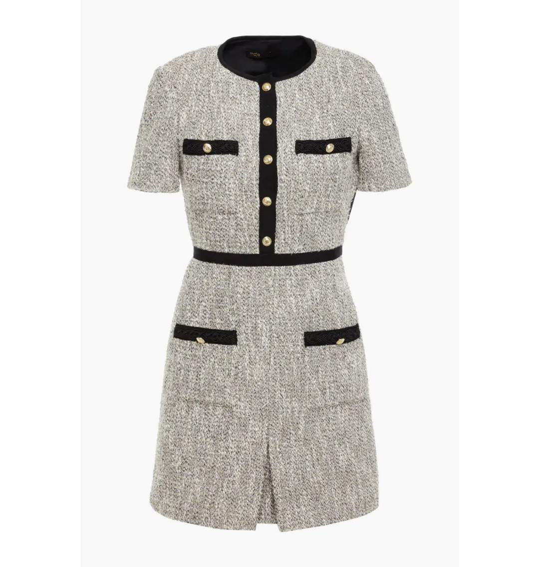 Maje Rinie Contrast Trimmed Tweed Mini Dress in Platinum Size AU 6 for rent on The Volte - main image