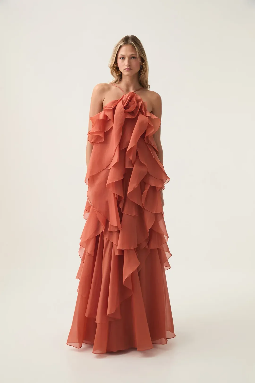 Aje Pandorea Layered Maxi Dress in Coral Clay Size AU 8 for rent on The Volte - main image