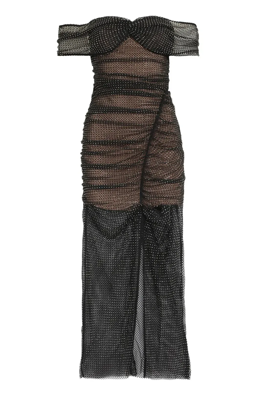 Self Portrait Diamante Fishnet Off Shoulder Midi Dress Black Size 10 for rent on The Volte - main image