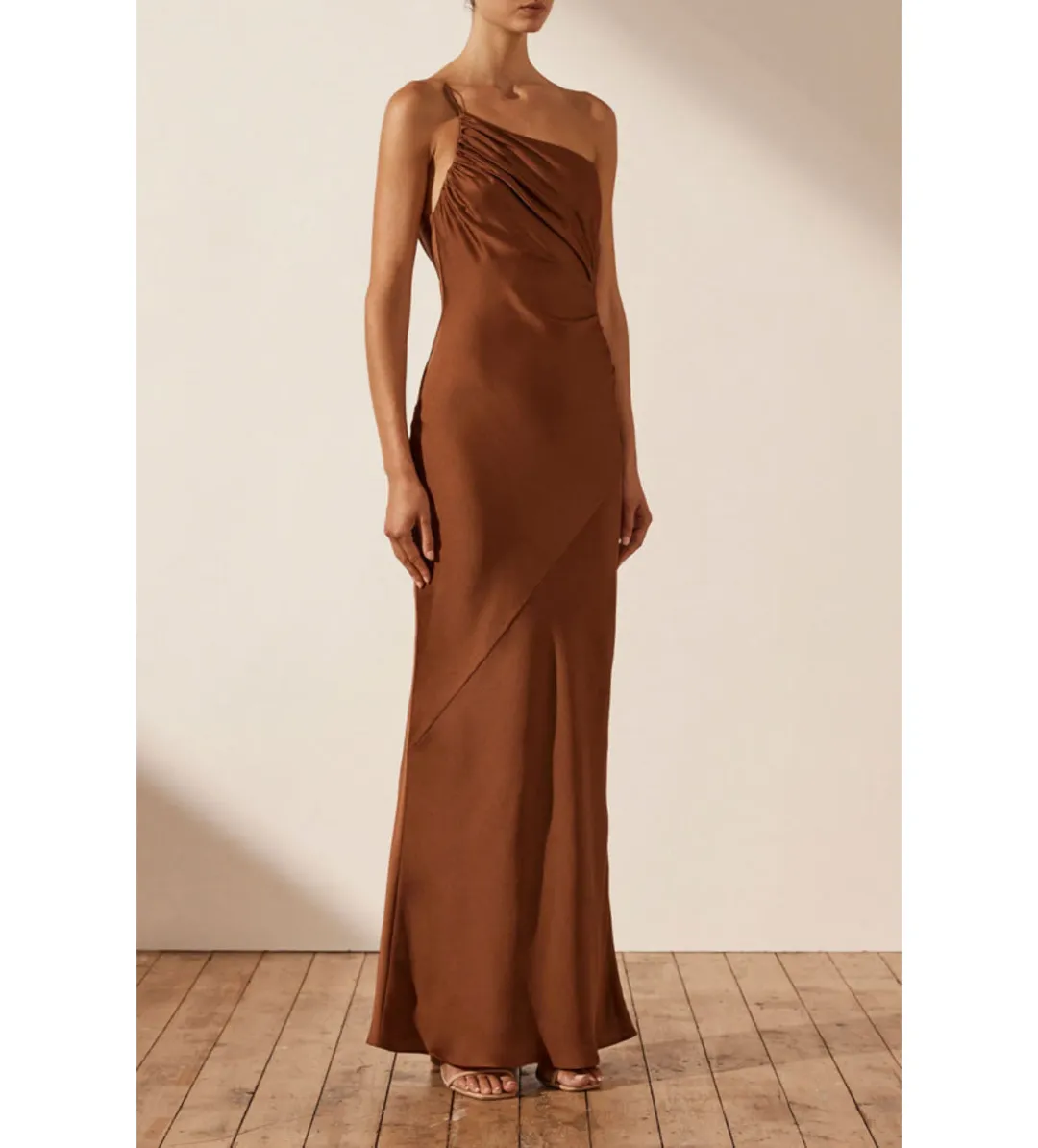 Shona Joy Luxe Asymmetrical Gathered Maxi Dress Mocha Size 6  for rent on The Volte - main image