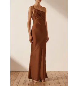 Shona Joy Luxe Asymmetrical Gathered Maxi Dress Mocha Size 6  for rent on The Volte - image 2