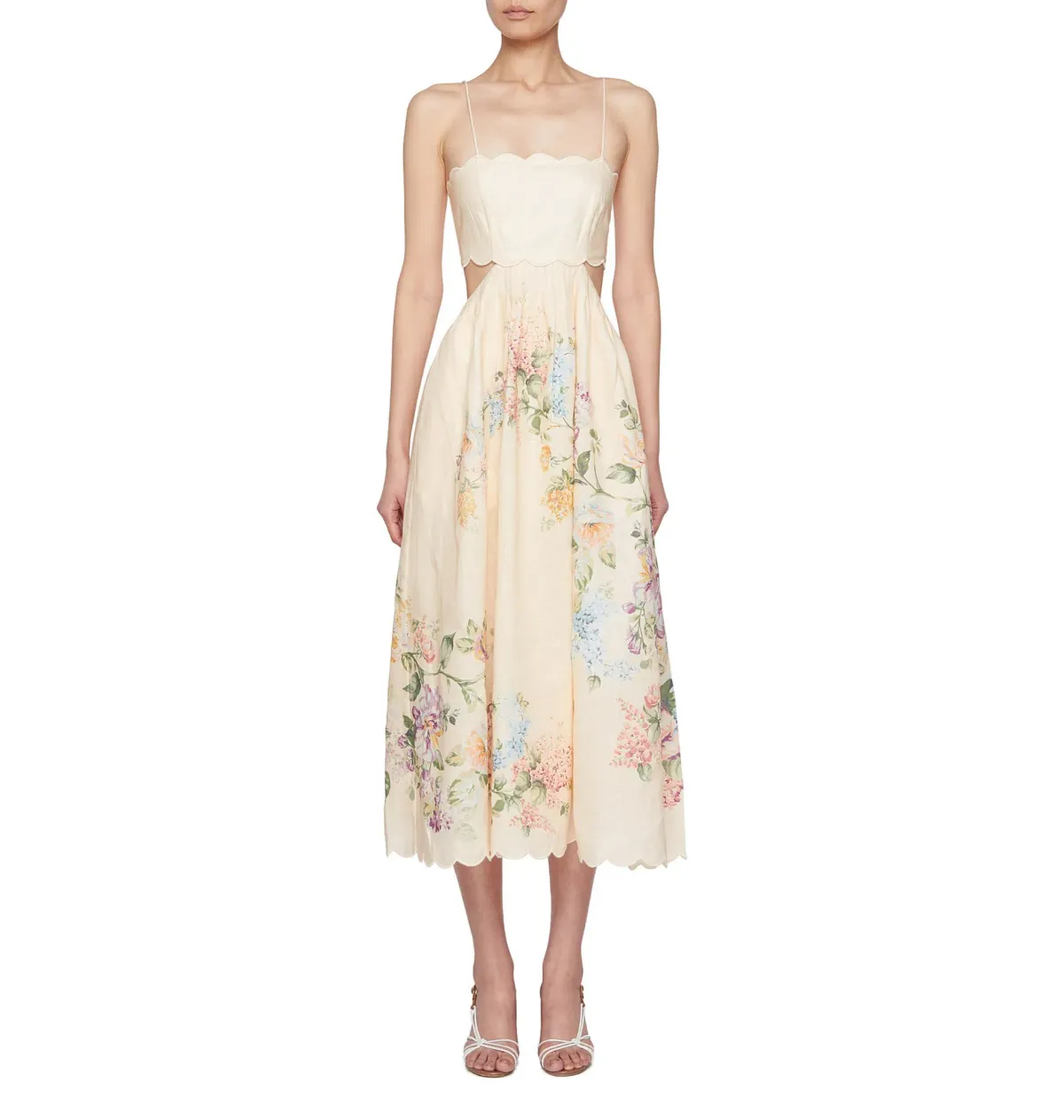 Zimmermann Halliday Scallop Midi Dress In Cream Watercolour Floral Size 3 / AU 14 for rent on The Volte - main image