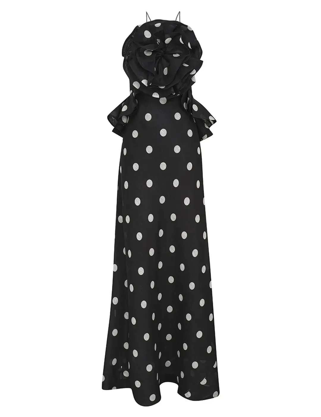 Zimmermann Crush Ruffle Halter Maxi Dress in Black/Cream Dot Size 2 / AU 12 for rent on The Volte - main image