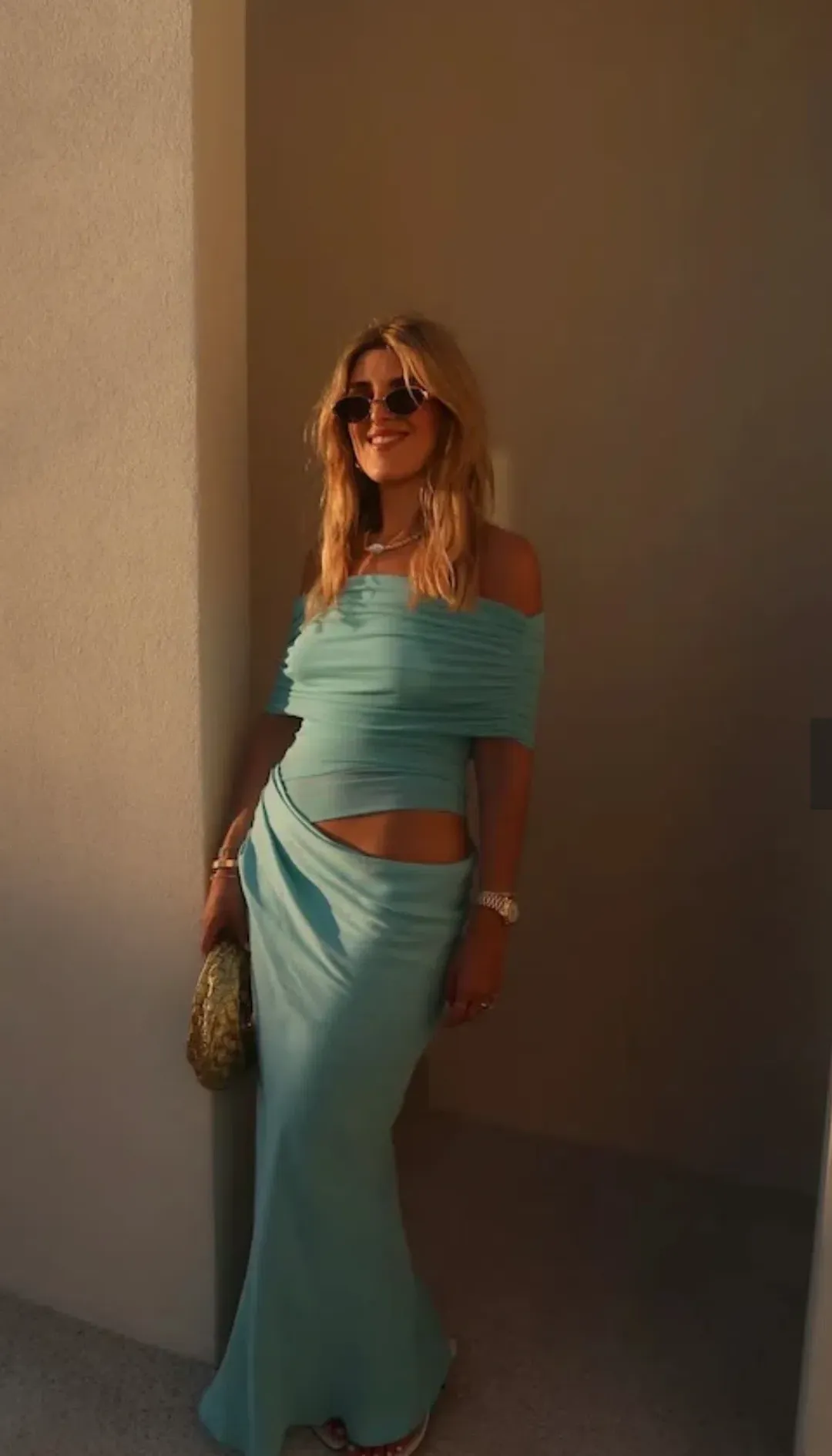 Benni Nico Off Shoulder Maxi Dress Aquamarine Size 10  for rent on The Volte - main image
