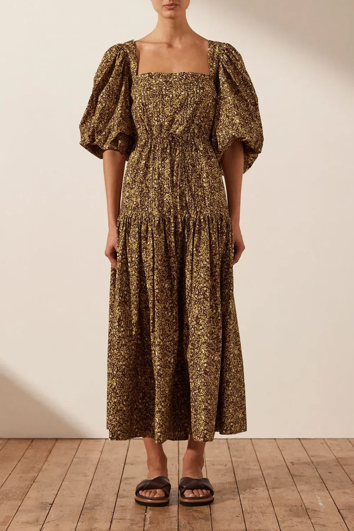 Shona Joy Dress Size 14 -Cross back Lilou Pin Tuck Midi Cotton Mimosa Brown Floral  for rent on The Volte - main image