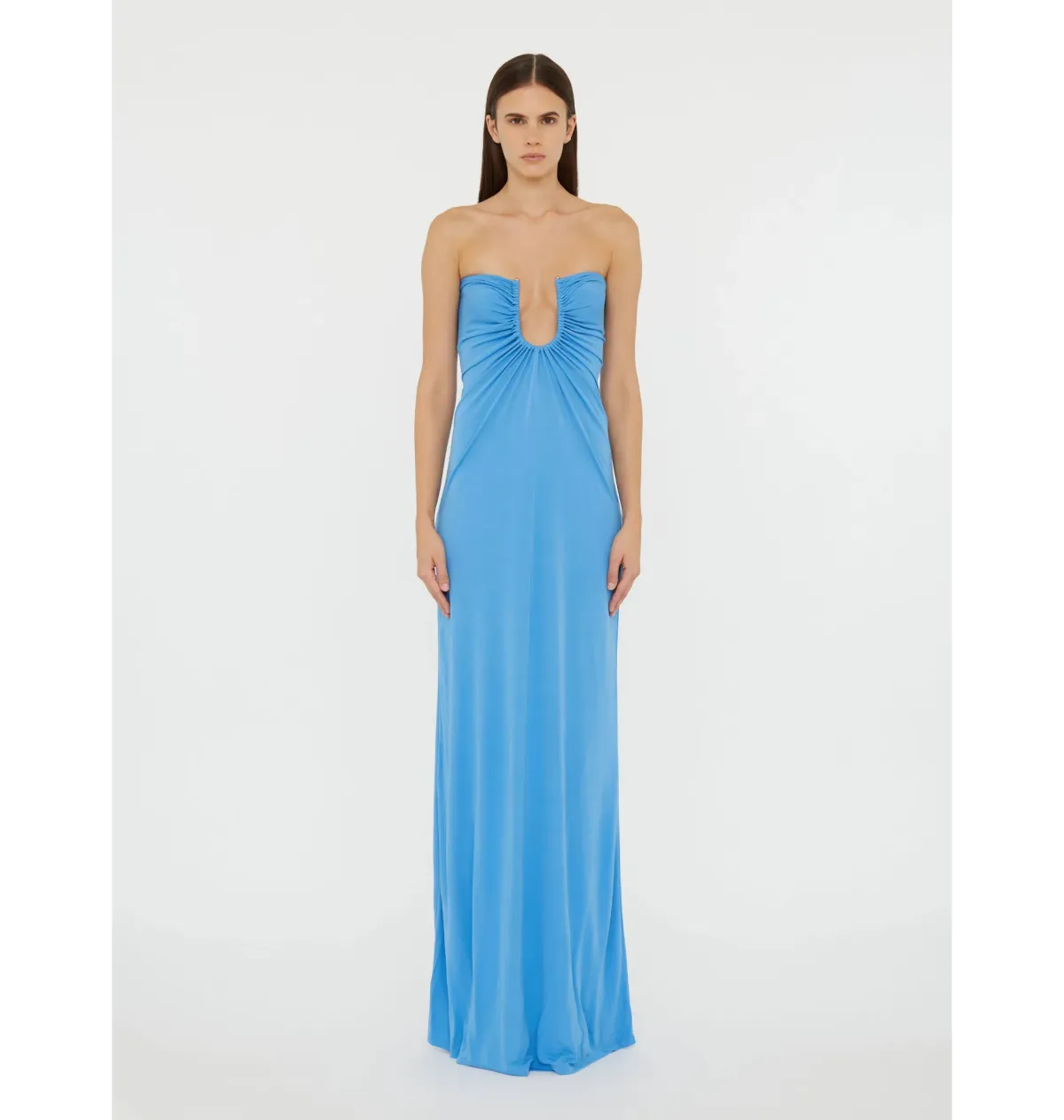 Christopher Esber Arced Palm Strapless Dress in Boston Blue Size AU 10 for rent on The Volte - main image