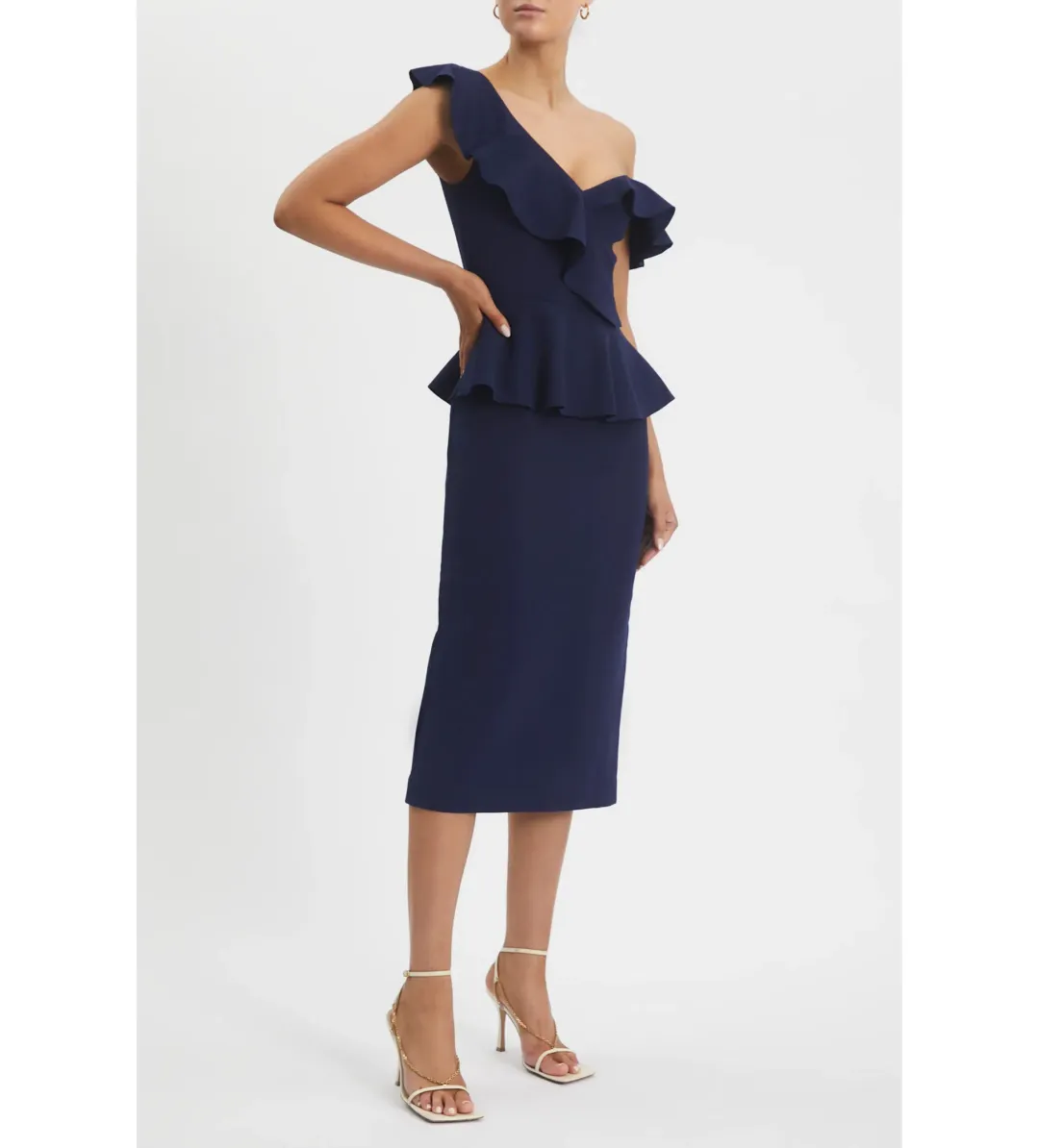 Rebecca Vallance Grace Frill Midi Dress Navy Size AU 10 for rent on The Volte - main image