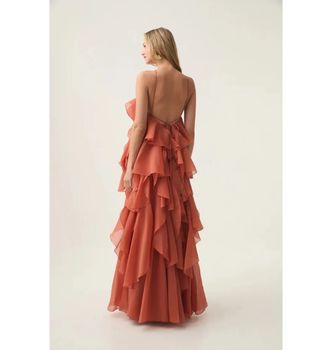 Aje Pandorea Layered Maxi Dress Coral Clay Size AU 12 for rent on The Volte - main image