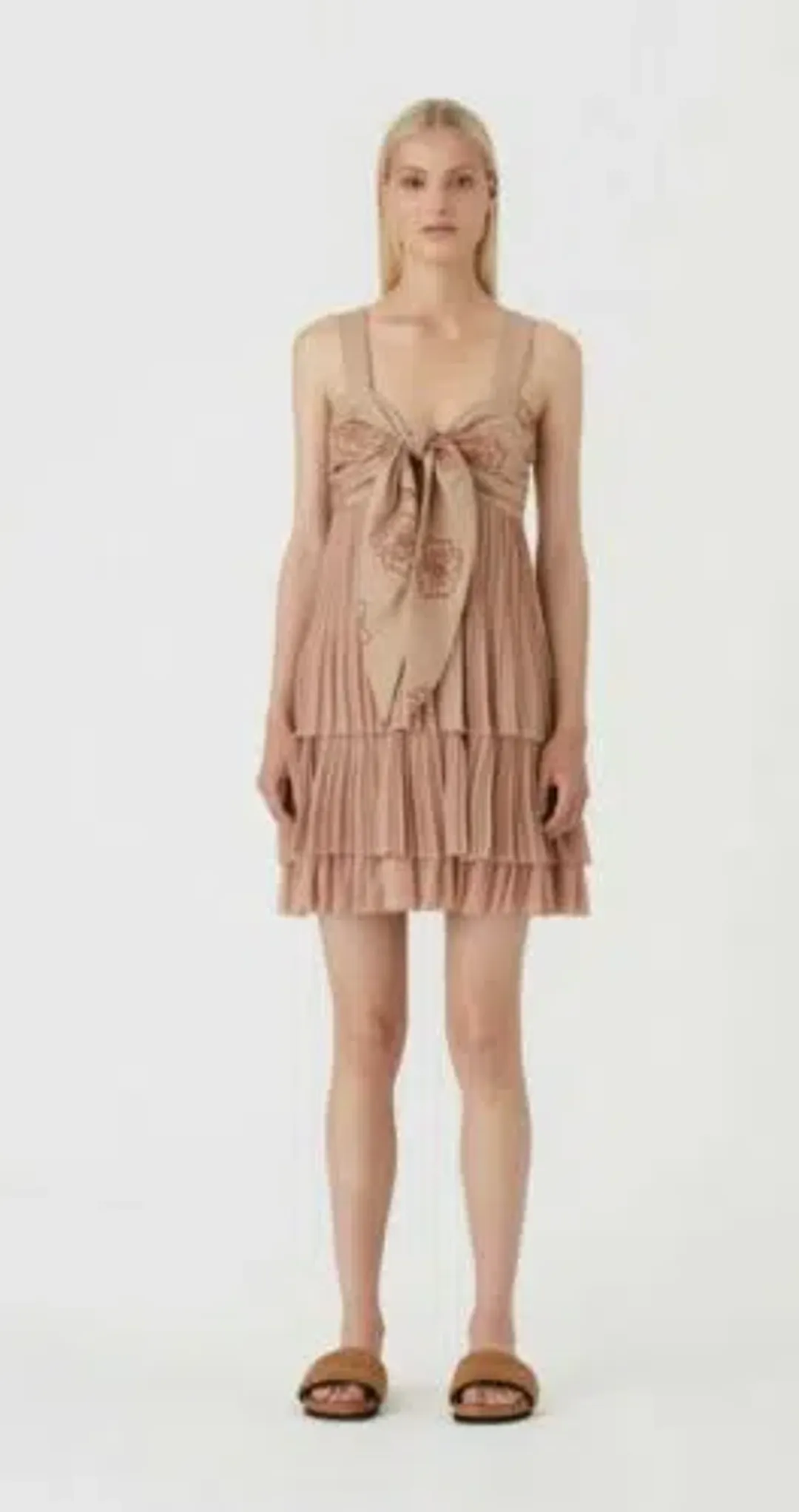 Camilla and Marc c&m Kamille Mini Dress Tiered Bow Pleated Beige Tan AU 10 / us 6  for rent on The Volte - main image