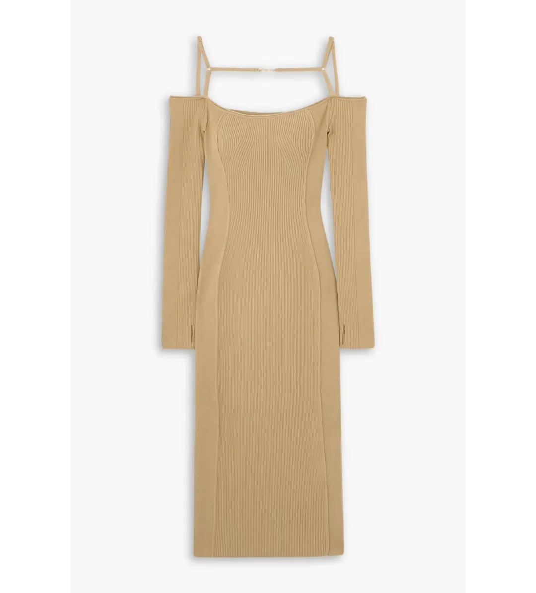 Jacquemus Sierra Embellished Ribbed Knit Midi Dress Sand Size 40 / AU 12 for rent on The Volte - main image