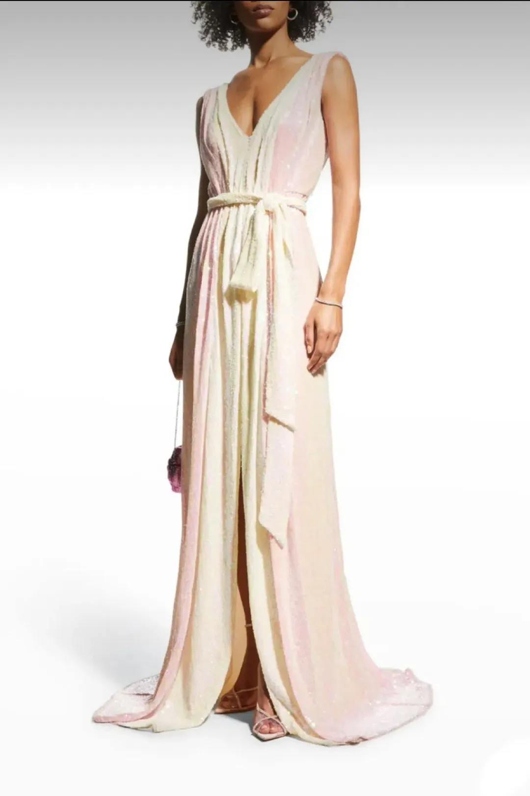 Badgley Mischka Two Tone V-Neck Sequin Long Gown Pink and Lemon Size AU 8 for rent on The Volte - main image