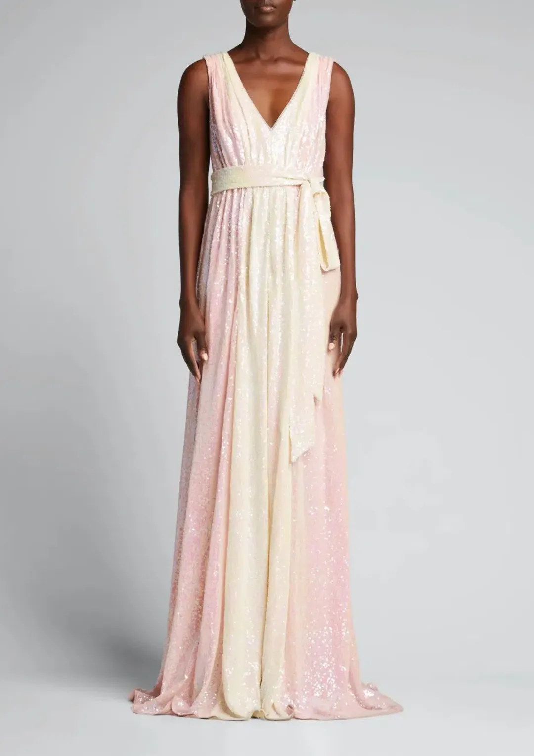 Badgley Mischka Two Tone V-Neck Sequin Long Gown Pink and Lemon Size AU 8 for rent on The Volte - main image