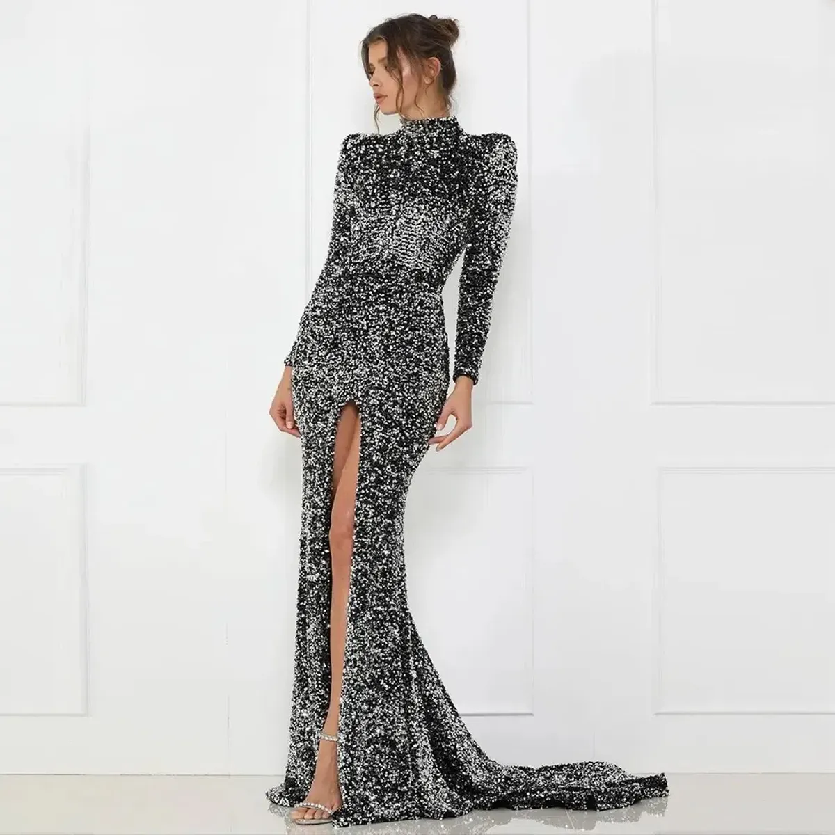 Abyss by Abby Alexia Long Sleeve Gown Gunmetal Size 8 for rent on The Volte - main image