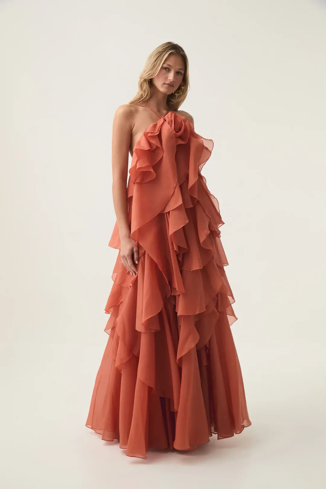 Aje Pandorea Layered Maxi Dress Coral Clay Size 6 for rent on The Volte - main image