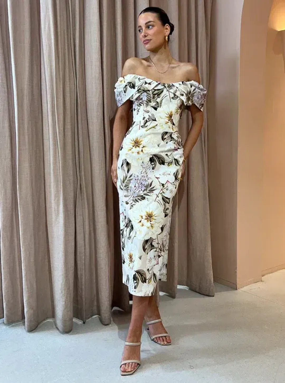 Sofia The Label Hailey Off Shoulder Midi Dress In Flora Print Size 6 for rent on The Volte - main image