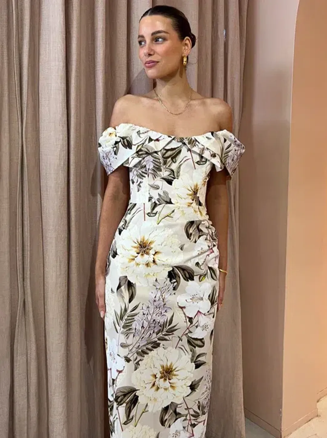 Sofia The Label Hailey Off Shoulder Midi Dress In Flora Print Size 6 for rent on The Volte - main image