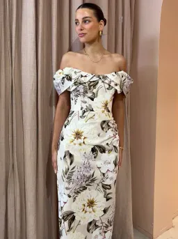 Sofia The Label Hailey Off Shoulder Midi Dress In Flora Print Size 6 for rent on The Volte - image 4