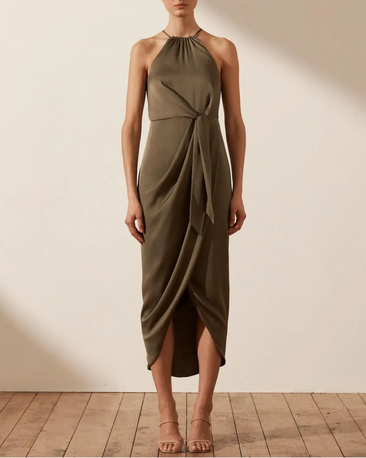 Shona Joy Luxe Tie Front Sleeveless Midi Dress Pine Valley Size 6 for rent on The Volte - main image