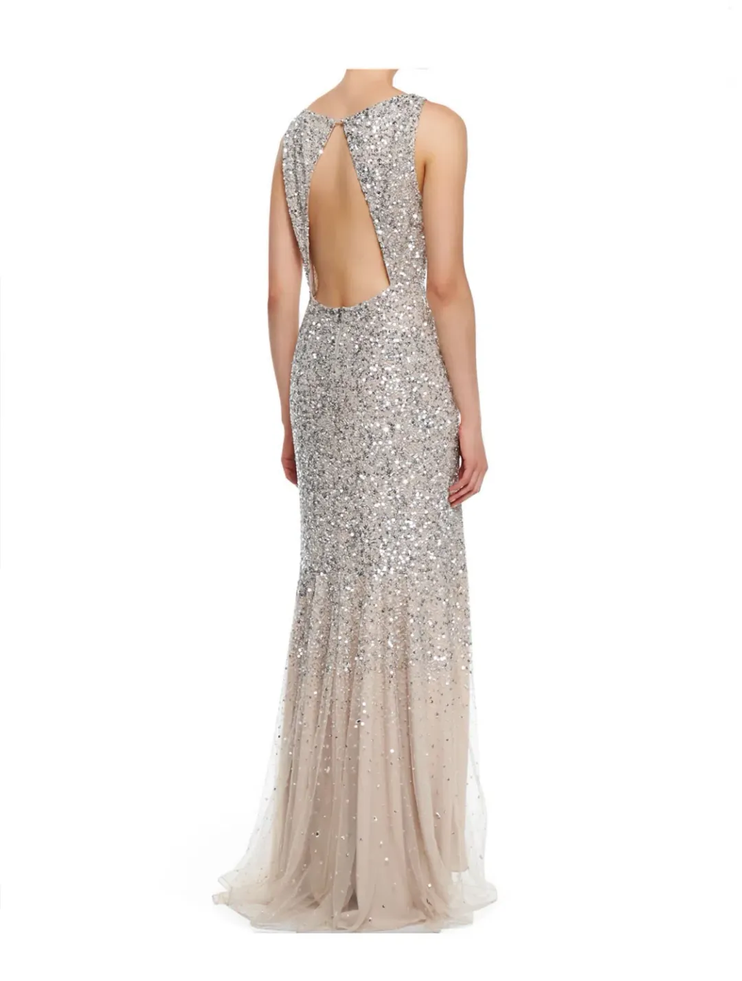 Alice + Olivia Saba Sleeveless Beaded Mesh Gown Silver Sequins on Nude Lining Size AU 4  for rent on The Volte - main image
