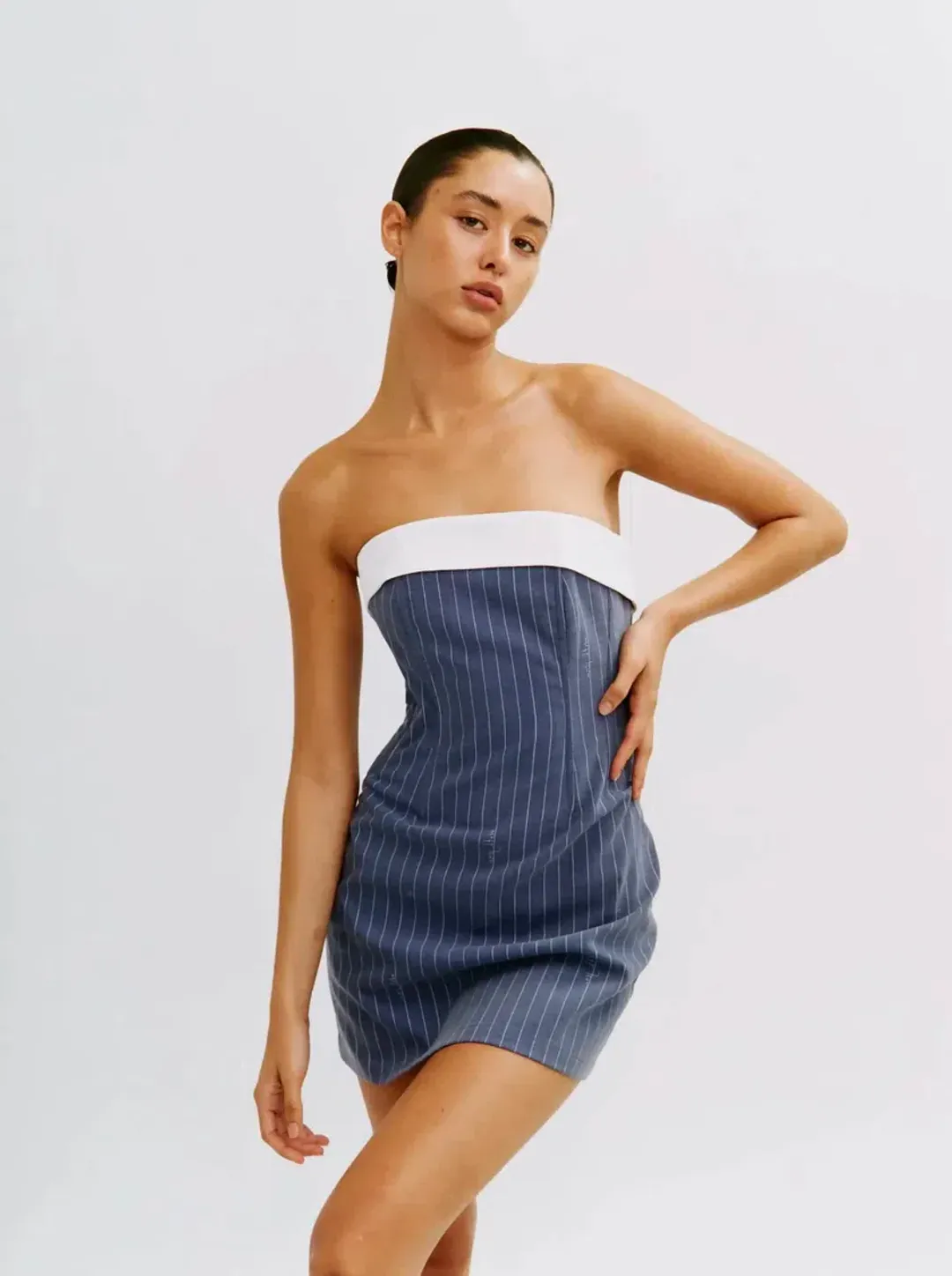 With Jéan Chloe Corset Mini Dress Pinstripe Blue Size XS for rent on The Volte - main image