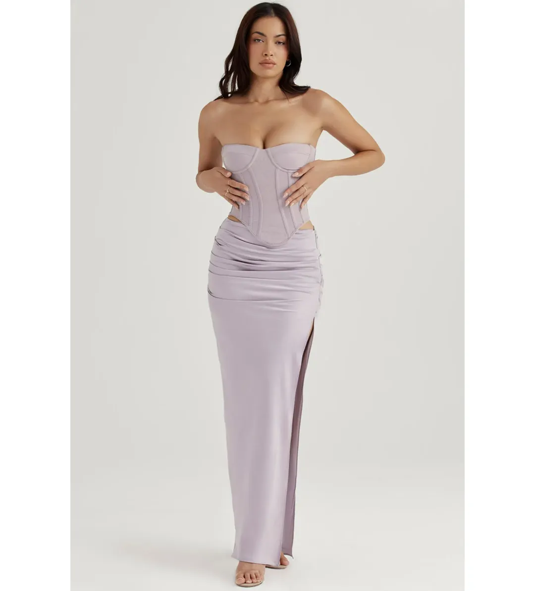House of CB Half Underwired Corset and Jia Satin Gathered Maxi Skirt in Silver Size XS / AU 6 for rent on The Volte - main image