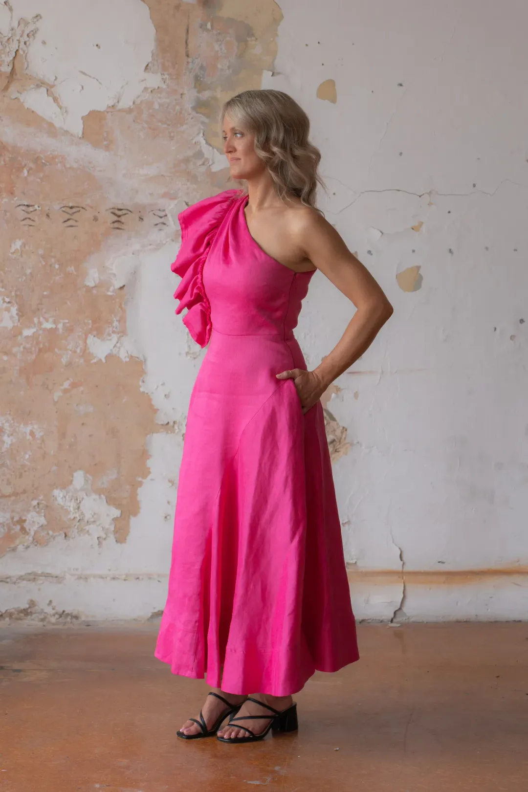 Aje Bonjour Asymmetric A-line Midi Dress Fuchsia Pink Size 8 for rent on The Volte - main image