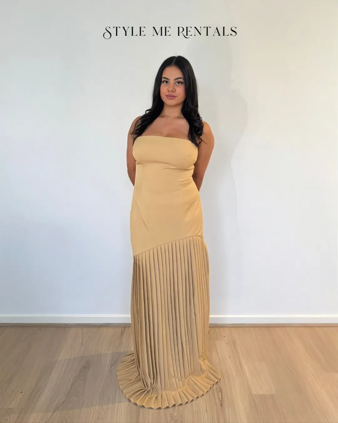 Bianca and Bridgett Mara Pleated Maxi Dress Beige Size 12 for rent on The Volte - main image