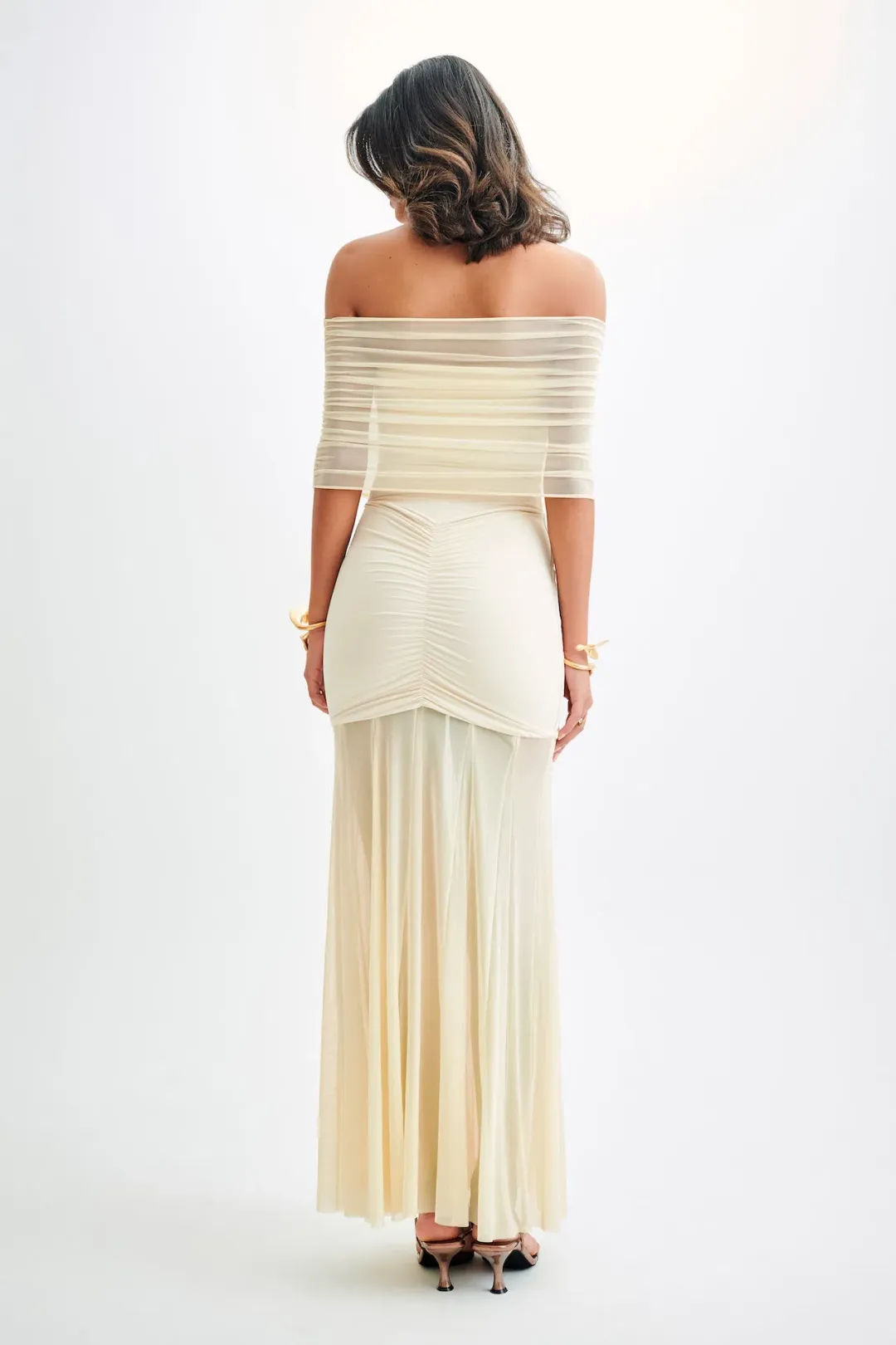 Meshki Caspian Slinky And Mesh Off Shoulder Maxi Dress Ivory Size M / AU 10 for rent on The Volte - main image