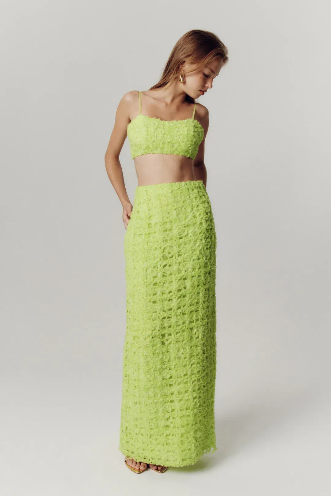 Aje Quintette Textured Bralette & Midi Skirt Set Light Lime Green Size 8 for rent on The Volte - main image